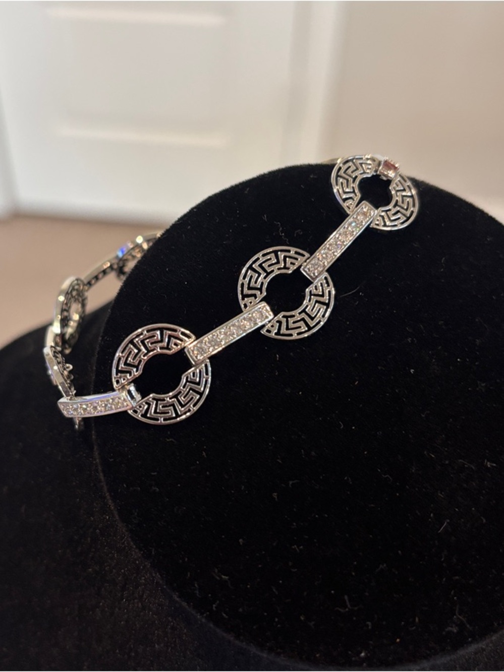 Silver Link Circle Bracelet with Pavé Accents Greek Key Style